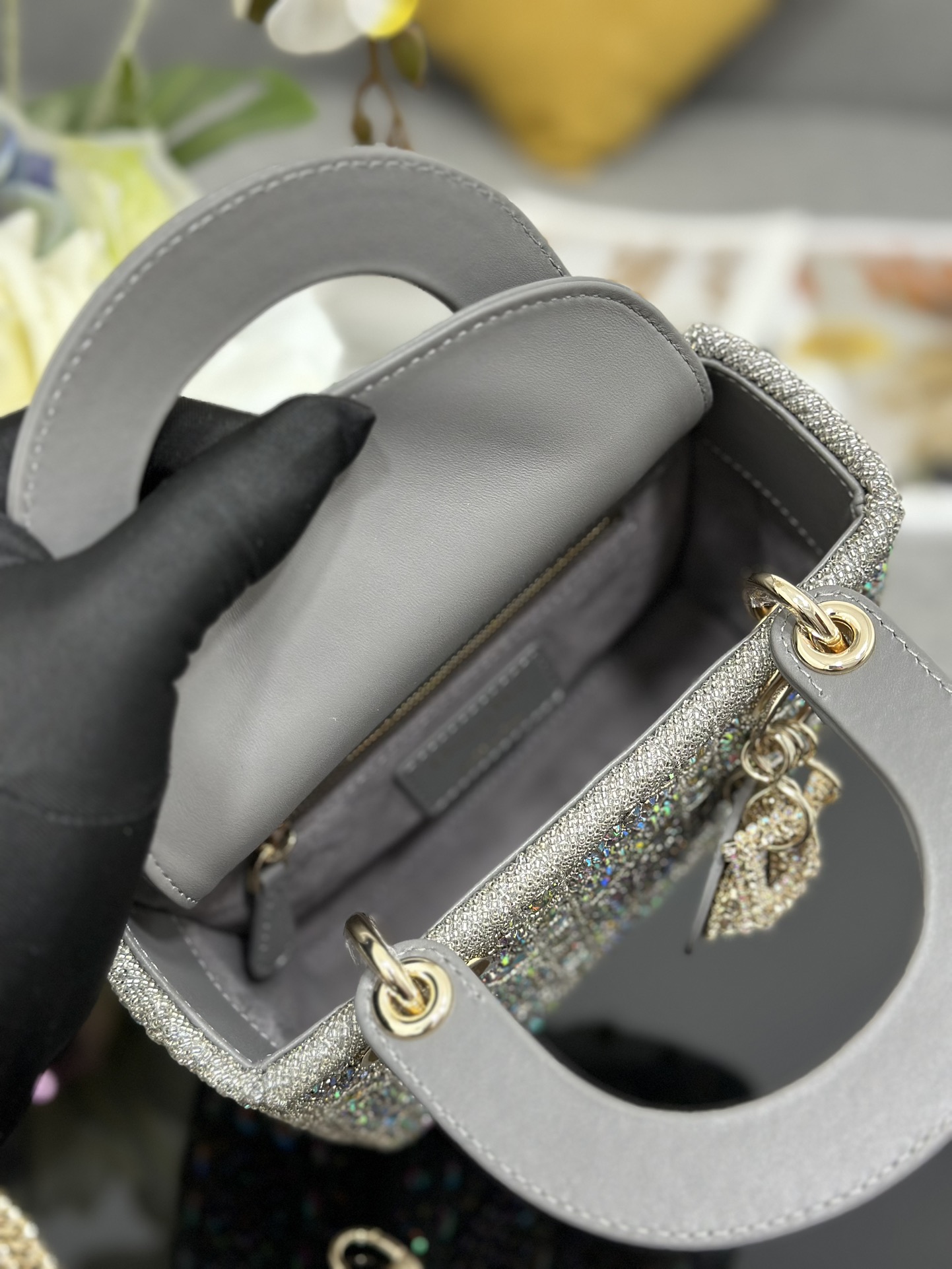 Mini Lady Dior Bag Gray Satin Embroidered with Rhinestone